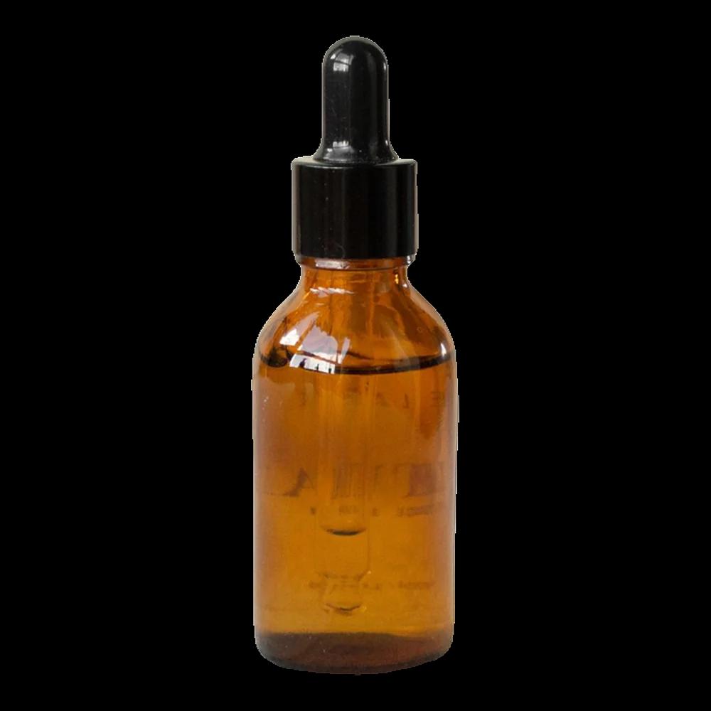 A small amber glass bottle with a dropper cap