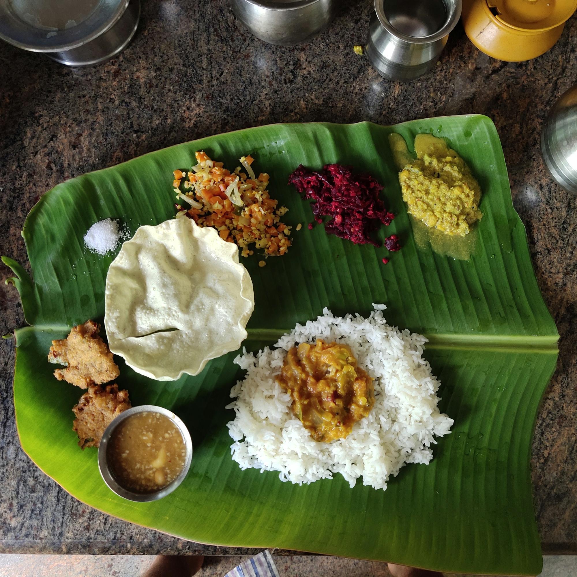 A Kerala meal served on a banana leaf